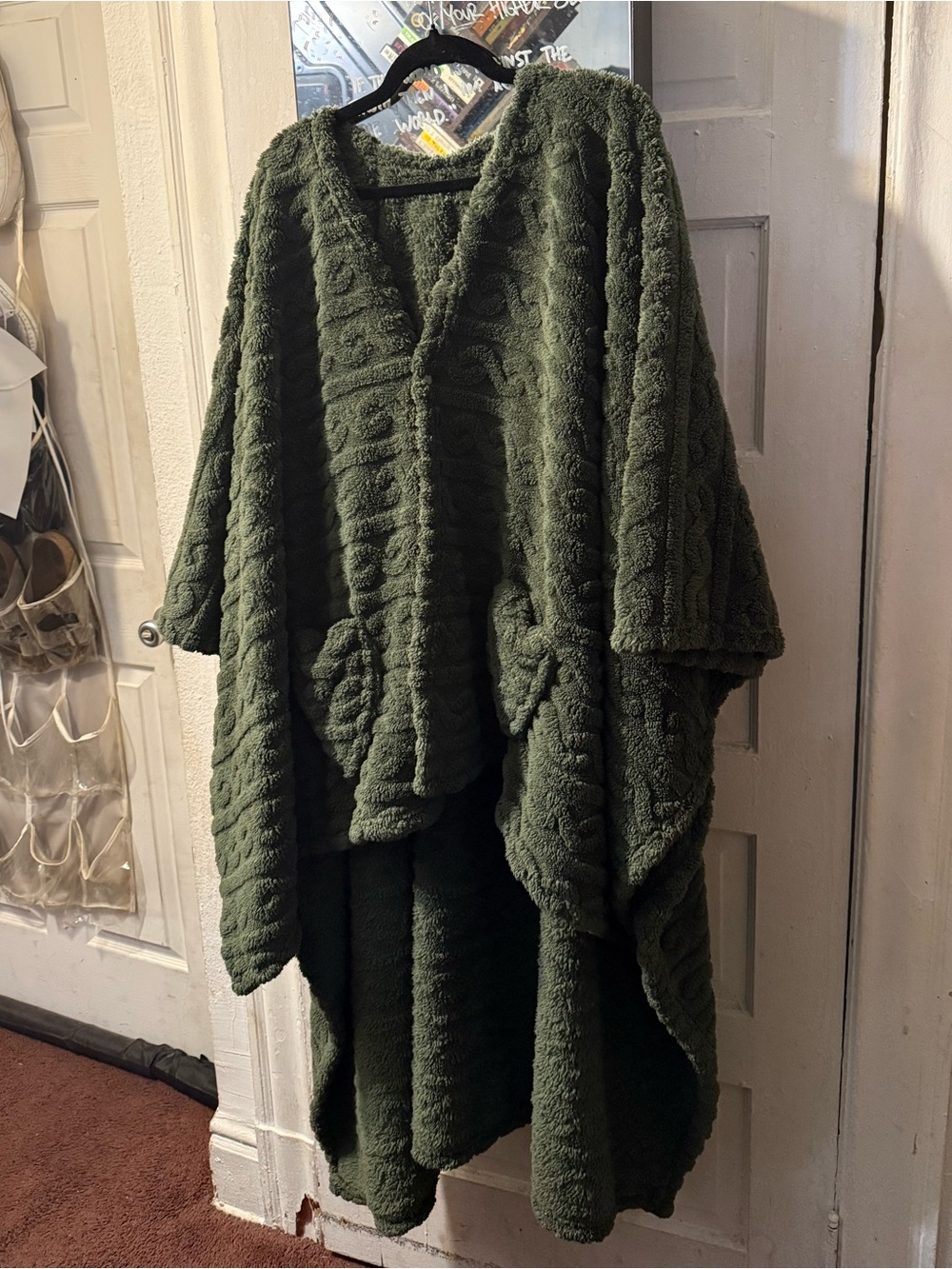 Plush Cable-Knit Forest Green Sweater Poncho
